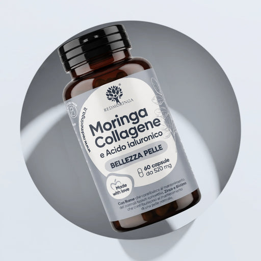 Integratore collagene con Moringa RedMoringa: Moringa Collagene e Acido Ialuronico, flacone da 60 capsule da 520 mg