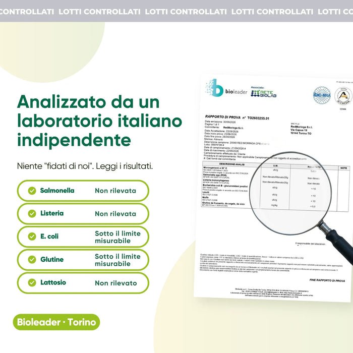 Independent lab analysis: salmonella, listeria, gluten, lactose