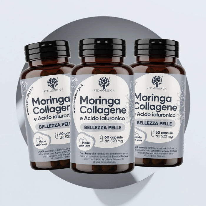 Three jars of RedMoringa Moringa Collagen and Hyaluronic Acid, 180 capsules for three months of skin beauty