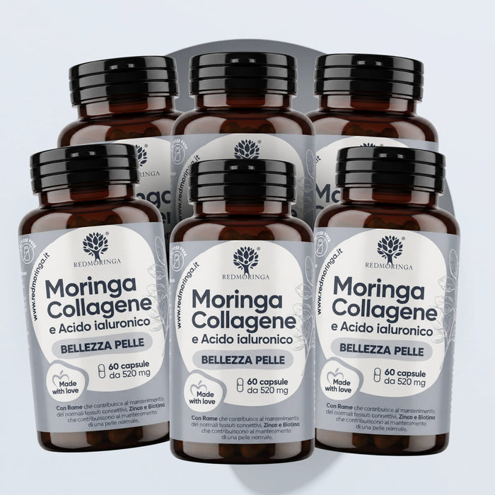 Six jars of RedMoringa Moringa Collagen and Hyaluronic Acid, a 360-capsule supply for six months