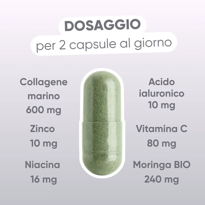 Dosage per 2 capsules: marine collagen 600 mg, hyaluronic acid 10 mg, vitamin C 80 mg
