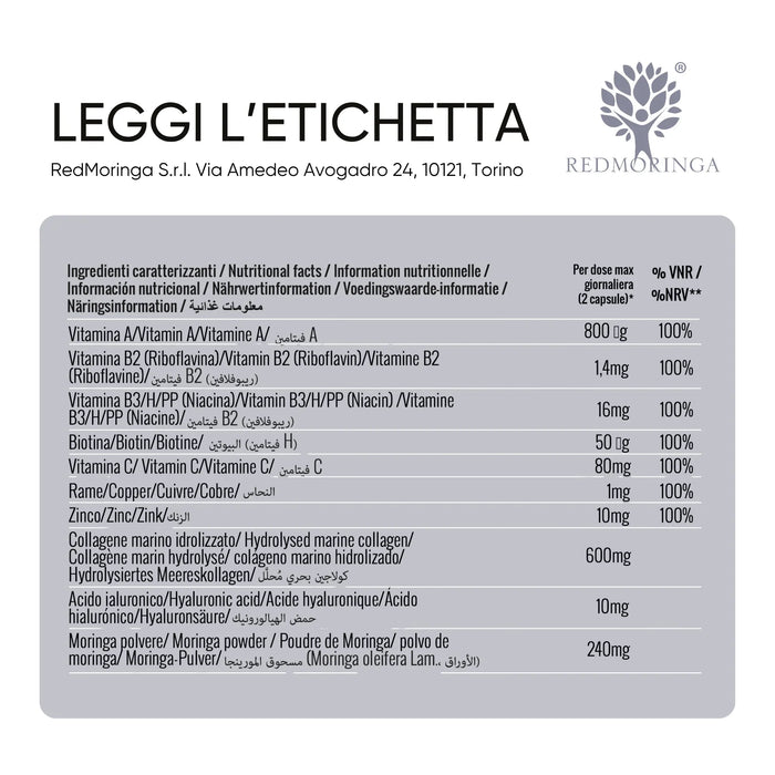 Ingredients table: marine collagen, hyaluronic acid, vitamins, zinc, copper, Moringa