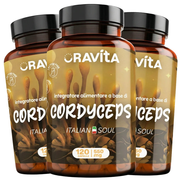 Tres frascos de Cordyceps Oravita de 120 cápsulas de 550 mg, reserva de 360 cápsulas de extracto estandarizado