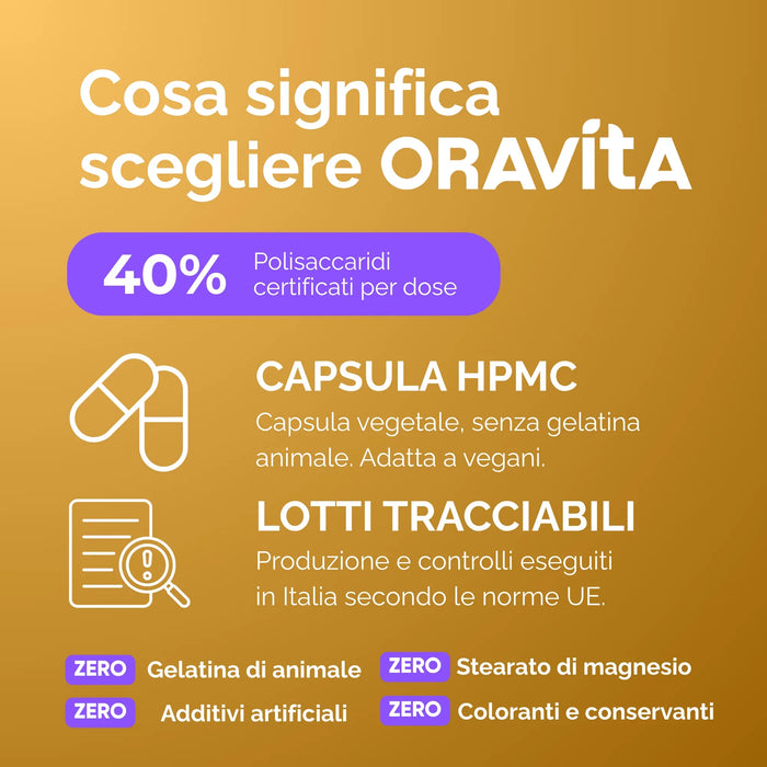 Calidad Oravita: 40% polisacáridos certificados, cápsula HPMC vegetal, lotes trazables, cero aditivos