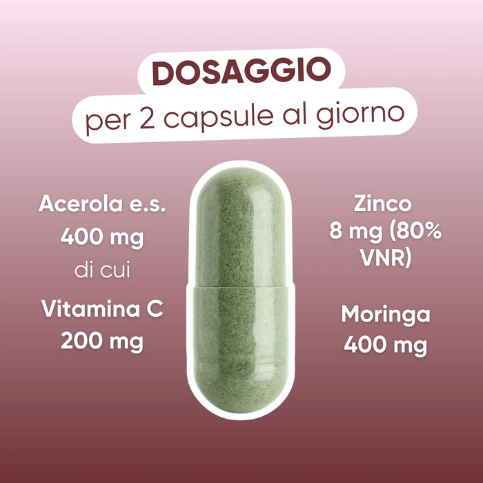 Dosis por 2 cápsulas: Acerola 400 mg con vitamina C 200 mg, zinc 8 mg, Moringa 400 mg