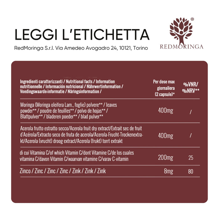 Tabla de ingredientes: Moringa, Acerola, zinc