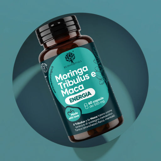 Integratore energia Moringa Tribulus e Maca RedMoringa: flacone da 60 capsule da 550 mg su fondo verde petrolio