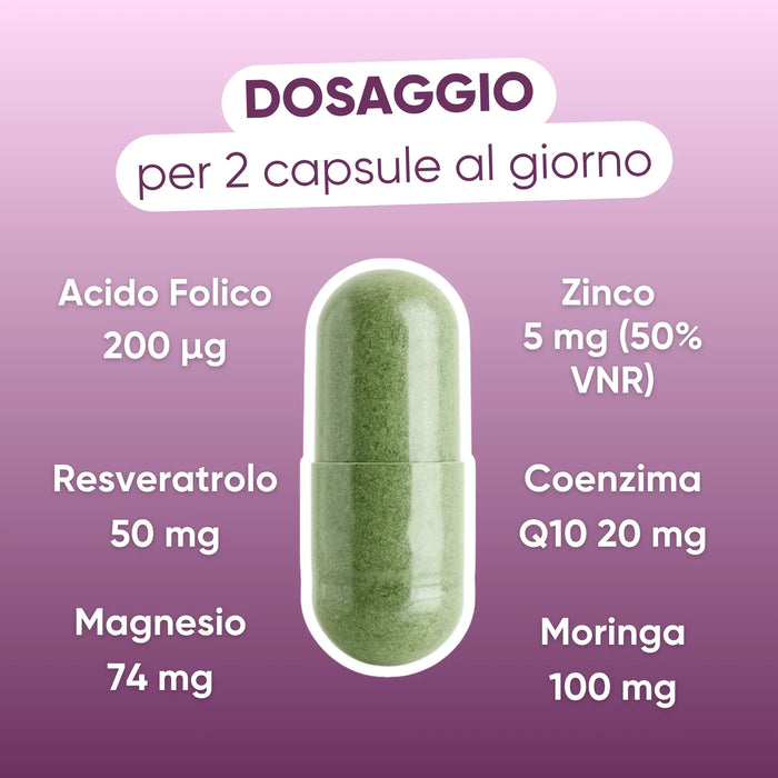 Dosis por 2 cápsulas: Zinc 5 mg, Ácido fólico 200 µg, Resveratrol 50 mg, Q10 20 mg, Magnesio 74 mg