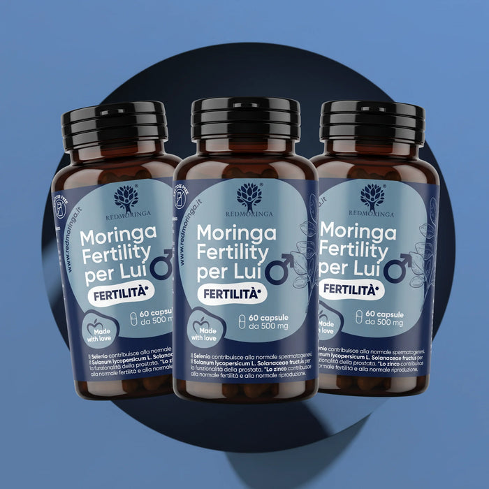 Three jars of RedMoringa Moringa Fertility for Him with 60 capsules each, pack of 3 on a blue background