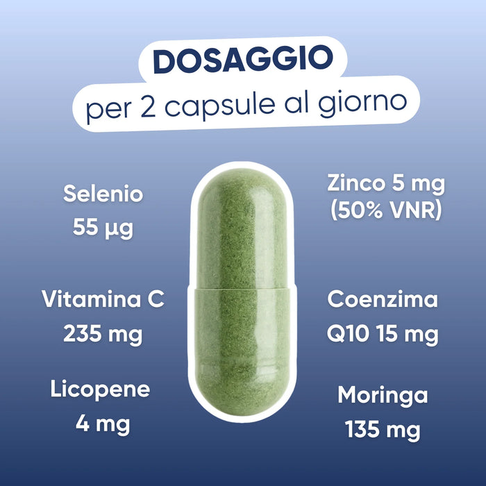 Dosage per 2 capsules: selenium 55 µg, zinc 5 mg, vitamin C 235 mg, Q10 15 mg, lycopene 4 mg, Moringa 135 mg