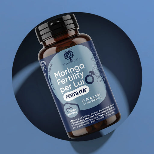 Flacone di Moringa Fertility per Lui RedMoringa, integratore per la fertilità maschile in 60 capsule da 500 mg