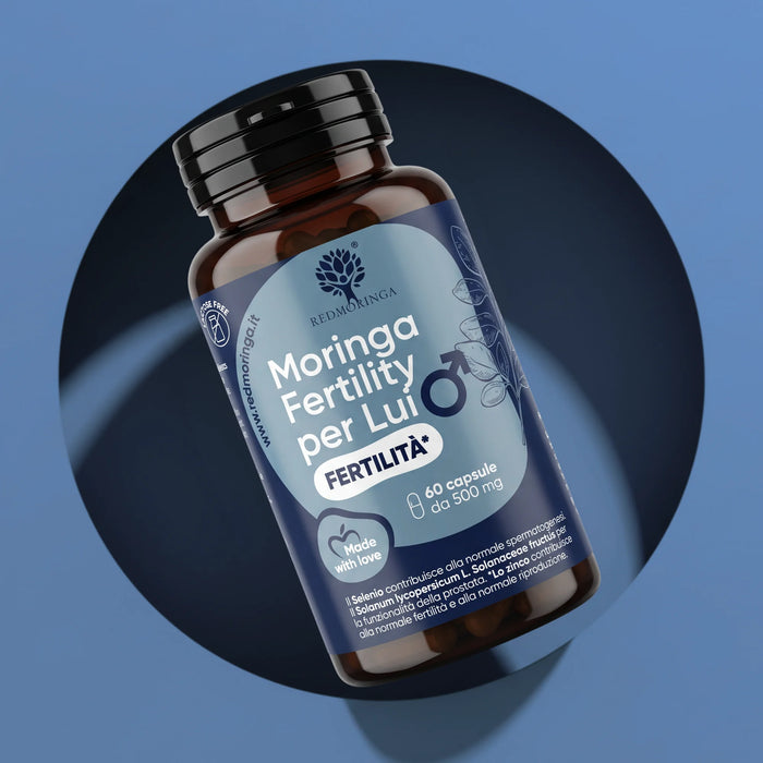Jar of RedMoringa Moringa Fertility for Him, male fertility supplement with 60 capsules of 500 mg