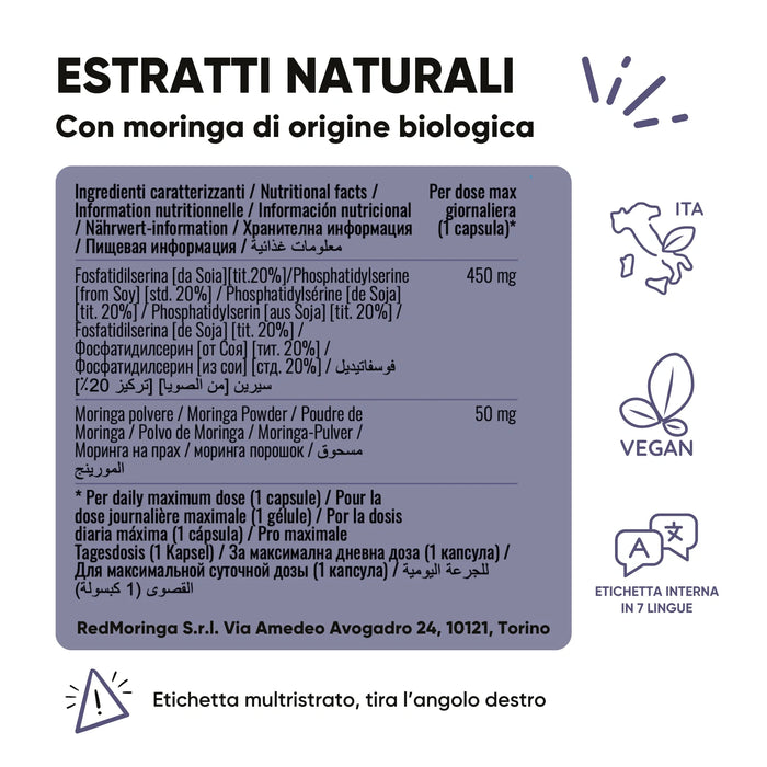 7-language inner label of RedMoringa Phosphatidylserine: 450 mg soy phosphatidylserine and 50 mg Moringa per capsule
