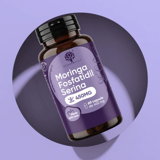 RedMoringa Moringa Phosphatidylserine 450 mg bottle, phosphatidylserine supplement with 60 capsules, on a lilac background