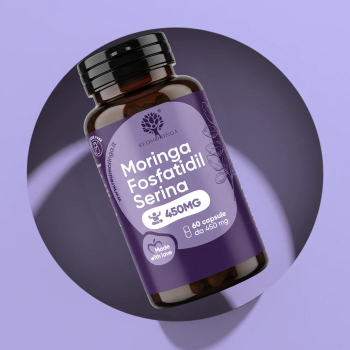 RedMoringa Moringa Phosphatidylserine 450 mg bottle, phosphatidylserine supplement with 60 capsules, on a lilac background