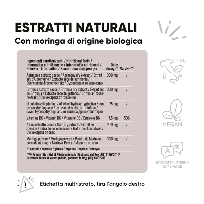 Etiqueta del complemento Moringa Griffonia y Agrimonia RedMoringa: griffonia, agrimonia, avena, vitamina B6 y Moringa