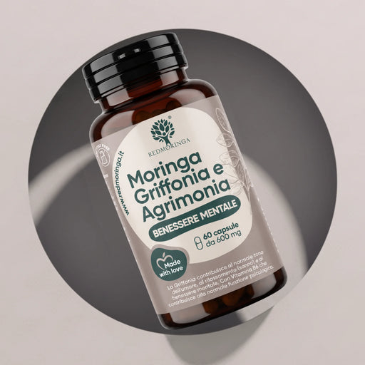 Flacone Moringa Griffonia e Agrimonia Benessere Mentale RedMoringa, 60 capsule da 600 mg, griffonia per ansia e stress