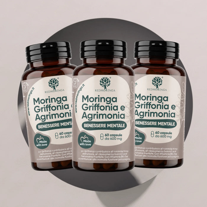 Tre flaconi Moringa Griffonia e Agrimonia RedMoringa, confezione da 3 per un trattamento di 60 giorni