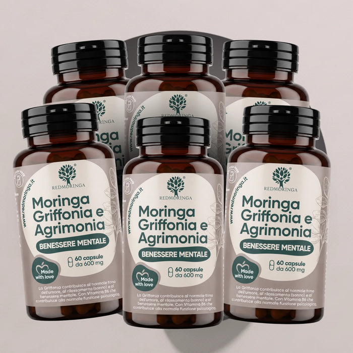Sei flaconi Moringa Griffonia e Agrimonia RedMoringa, confezione da 6 per un trattamento di 120 giorni