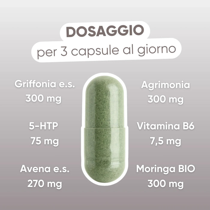 Dosaggio per 3 capsule: Griffonia 300 mg, Agrimonia 300 mg, vitamina B6 7,5 mg