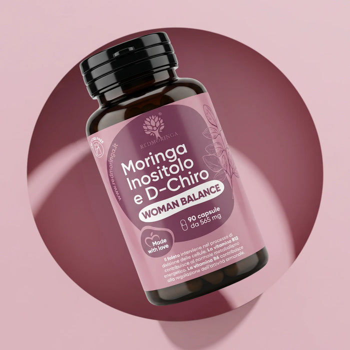 Flacone Moringa Inositolo e D-Chiro Woman Balance RedMoringa, integratore inositolo per ovaio policistico, 90 capsule