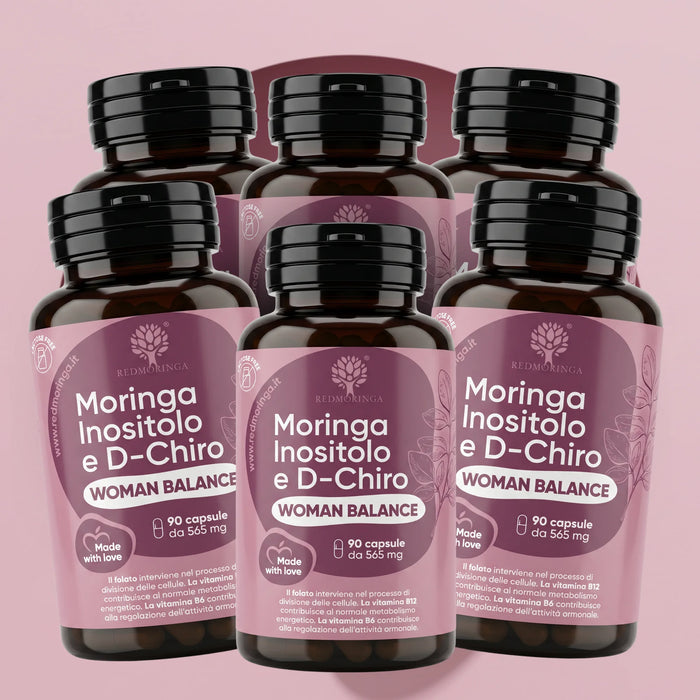 Sei flaconi Woman Balance RedMoringa, integratore inositolo e Moringa, 6 x 90 capsule vegetali per 6 mesi
