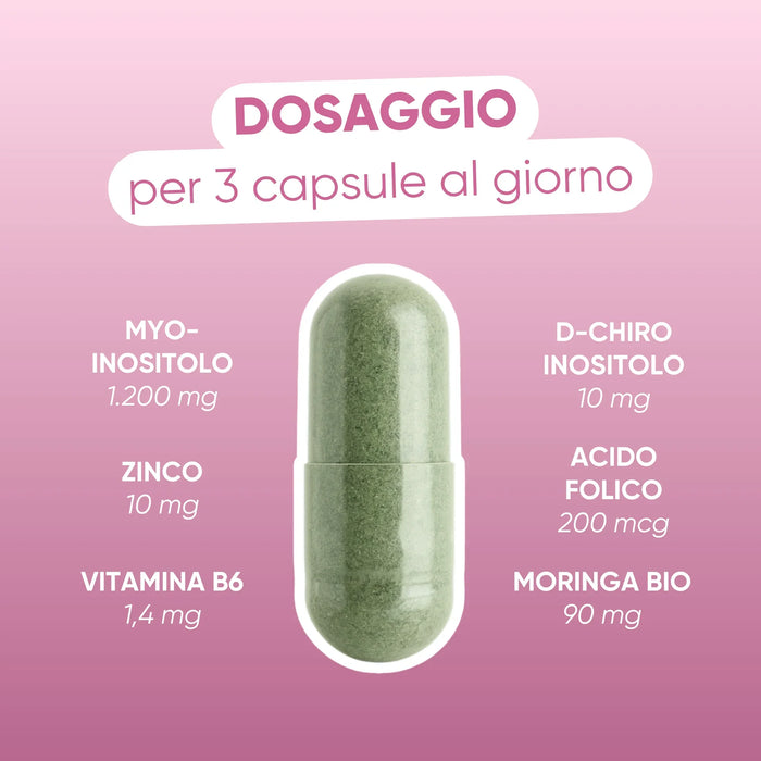 Dosaggio per 3 capsule: myo-inositolo 1200 mg, D-chiro-inositolo 10 mg, zinco 10 mg, vitamina B6 1,4 mg, acido folico 200 mcg, Moringa 90 mg
