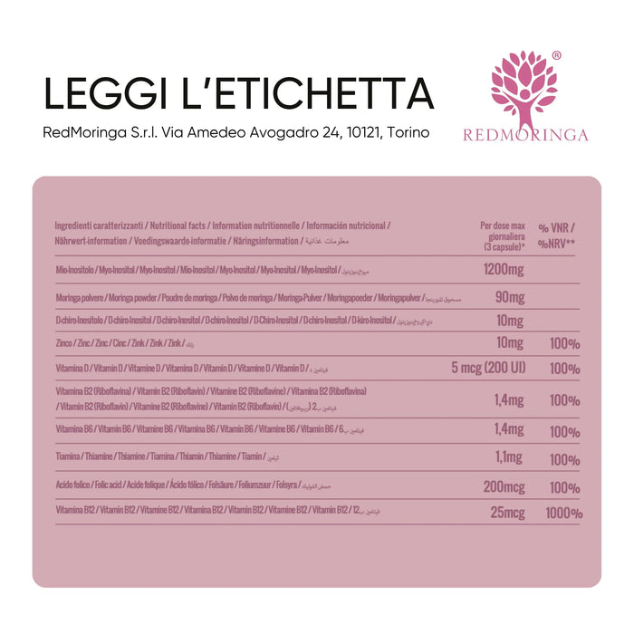 Tabella ingredienti: myo-inositolo, Moringa, D-chiro-inositolo, zinco, vitamine D e B, acido folico