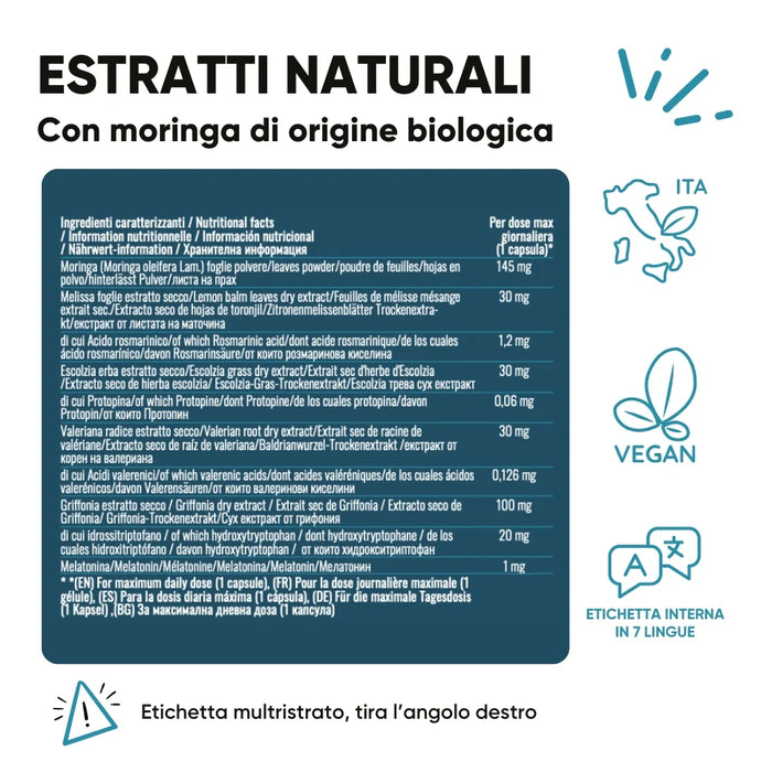 Etiqueta complemento Moringa Griffonia y Melatonina RedMoringa: melisa, amapola de California, valeriana y melatonina 1 mg