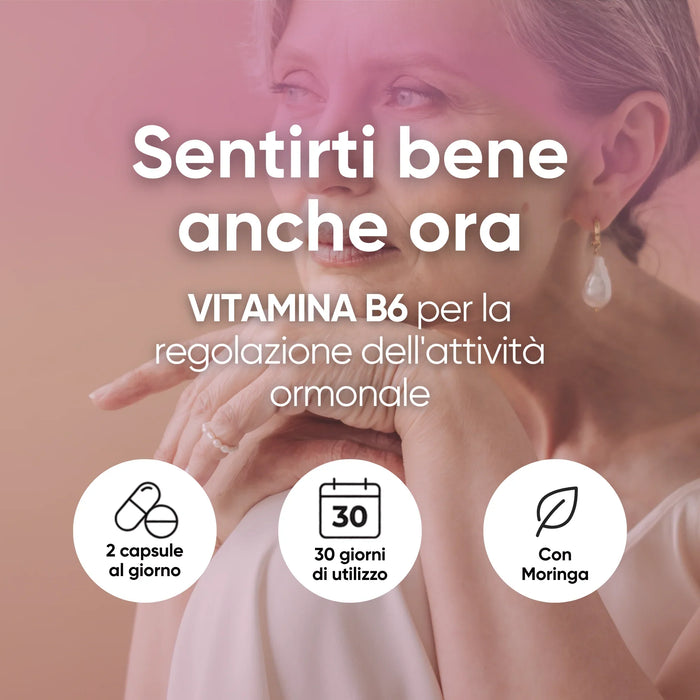 Complemento menopausia con Soja, Cimicífuga y Moringa: vitamina B6 para la regulación de la actividad hormonal