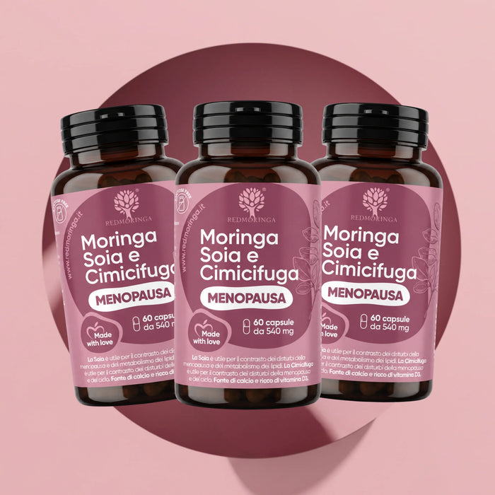 Tres frascos Moringa Soja y Cimicífuga RedMoringa, complemento menopausia, 3 x 60 cápsulas vegetales para 3 meses