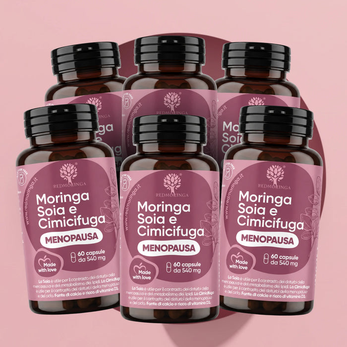 Seis frascos Moringa Soja y Cimicífuga RedMoringa, complemento menopausia, 6 x 60 cápsulas vegetales para 6 meses