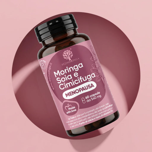 Flacone Moringa Soia e Cimicifuga RedMoringa, integratore menopausa con isoflavoni e vitamina D, 60 capsule da 540 mg