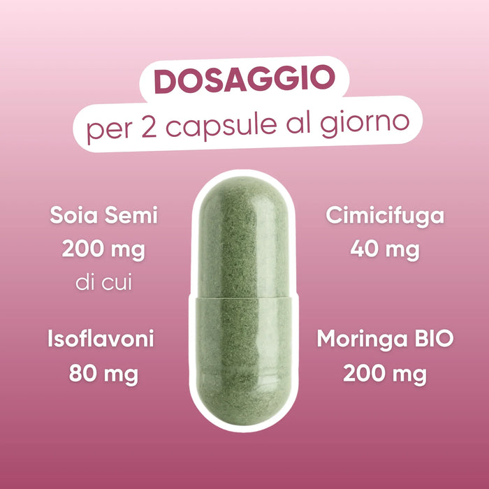 Dosis por 2 cápsulas: Soja 200 mg (isoflavonas 80 mg), Cimicífuga 40 mg, Moringa ecológica 200 mg