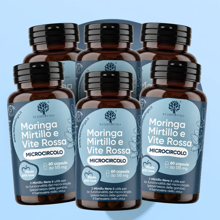 Seis frascos de Moringa Arándano y Vid Roja RedMoringa, complemento para la microcirculación de las piernas, 6 meses
