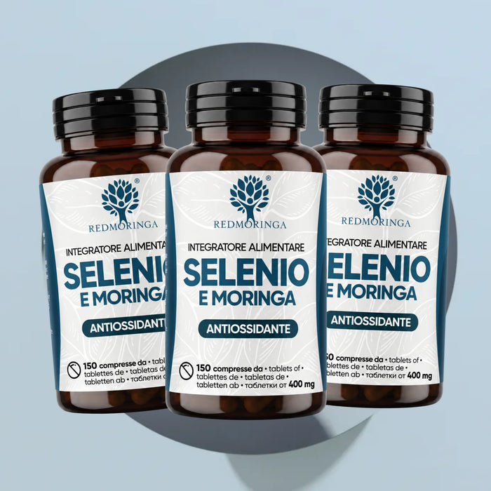 Tre flaconi dell'integratore Selenio e Moringa RedMoringa, 150 compresse da 400 mg ciascuno, scorta per più mesi