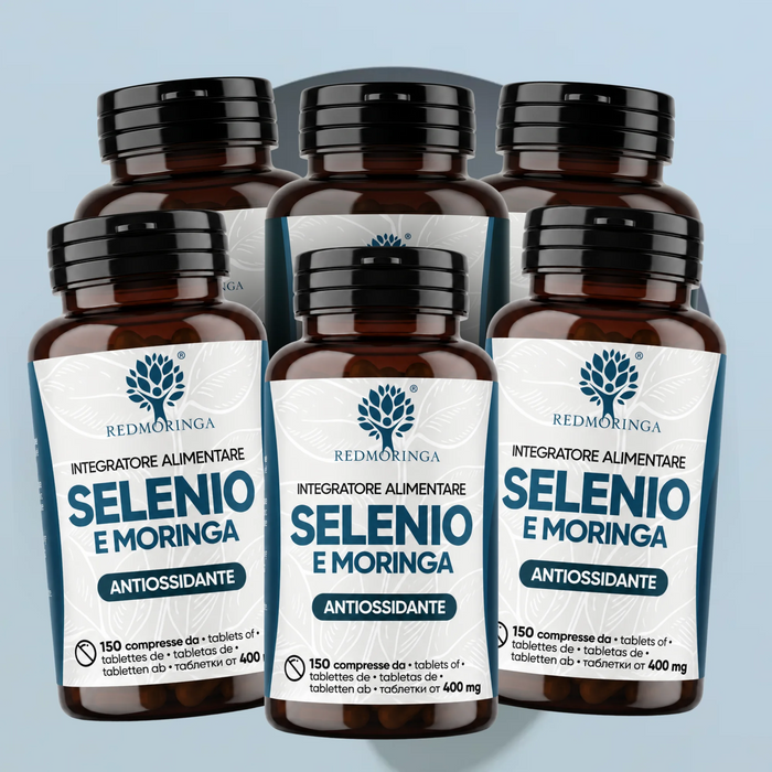 Sei flaconi dell'integratore Selenio e Moringa RedMoringa, 150 compresse da 400 mg ciascuno, formato convenienza