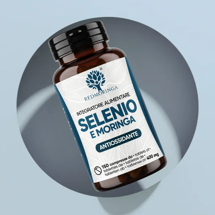 Flacone dell'integratore Selenio e Moringa RedMoringa, antiossidante, 150 compresse da 400 mg per la funzione tiroidea