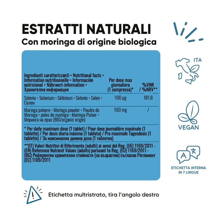 Etichetta Selenio e Moringa RedMoringa: 100 µg di selenio e 100 mg di Moringa bio per compressa, vegan