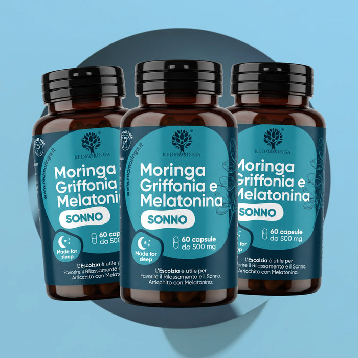 Three jars of RedMoringa Moringa Griffonia and Melatonin Sonno, 60 capsules each, melatonin sleep supplement
