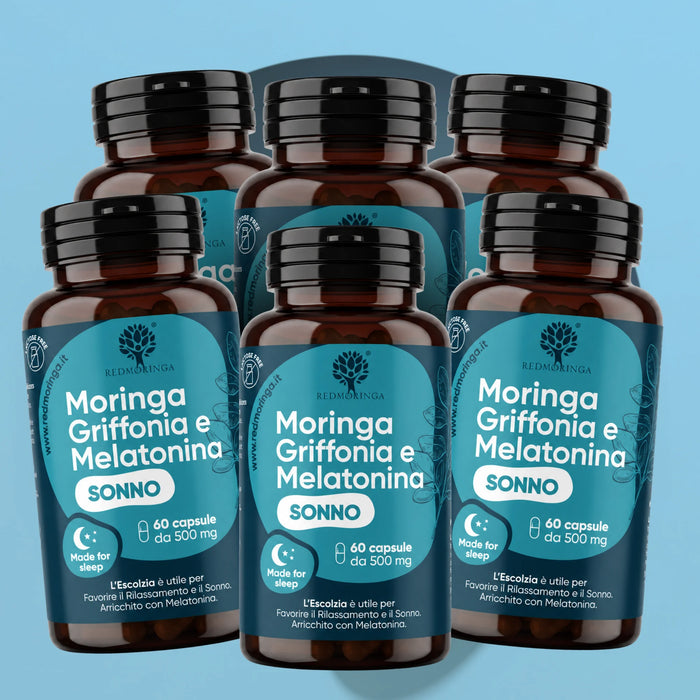 Six jars of RedMoringa Moringa Griffonia and Melatonin Sonno, 360-capsule stock pack of the sleep supplement