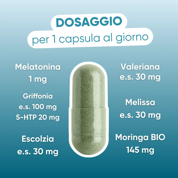 Dosage per capsule: melatonin 1 mg, griffonia 100 mg, California poppy, lemon balm and valerian 30 mg