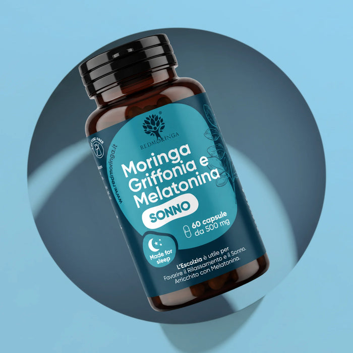 RedMoringa Moringa Griffonia and Melatonin Sonno, jar of 60 x 500 mg capsules: sleep supplement with California poppy