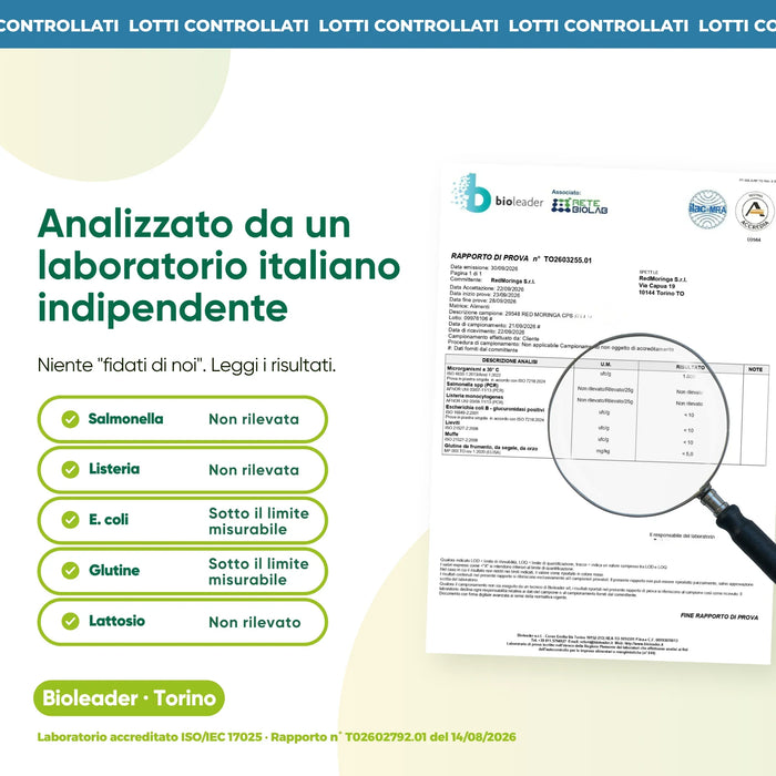Analisi di laboratorio indipendente: salmonella, listeria, glutine, lattosio