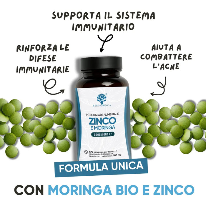 Zinco e Moringa RedMoringa, 300 compresse con Moringa bio e zinco per le difese immunitarie e la pelle