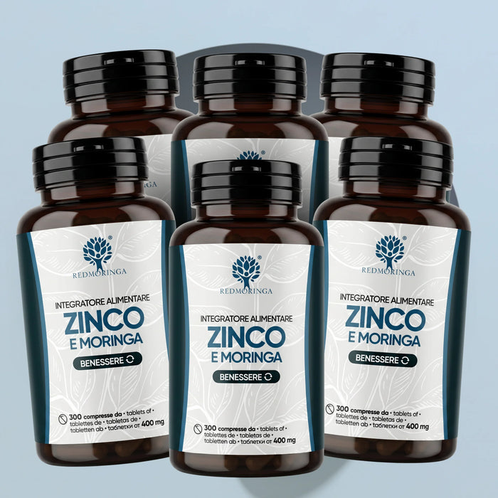 Sei flaconi dell'integratore Zinco e Moringa RedMoringa, 300 compresse da 400 mg ciascuno, formato convenienza