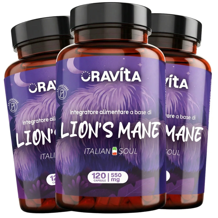 Three jars of Oravita Lion's Mane, 360 x 550 mg capsules with extract standardised to 30% polysaccharides