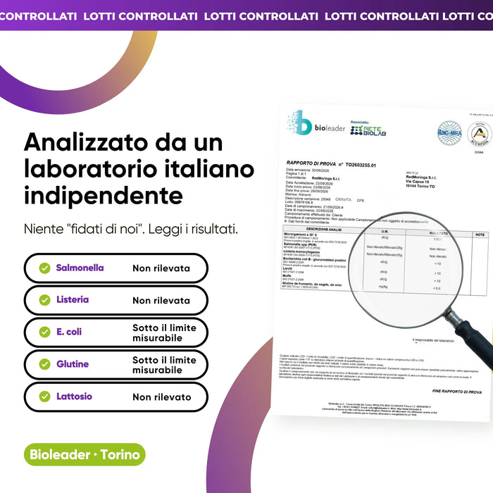 Lion's Mane tested by an independent Italian laboratory: salmonella, listeria, gluten, lactose