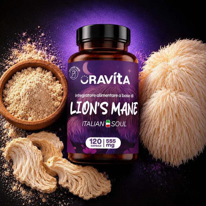 Oravita Lion's Mane standardised extract, 120-capsule jar with fresh, dried and powdered Hericium mushroom on purple