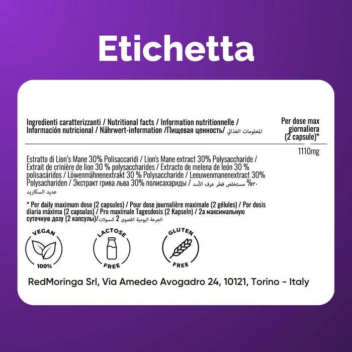Oravita Lion's Mane label: 30% polysaccharide extract, 1110 mg per daily dose